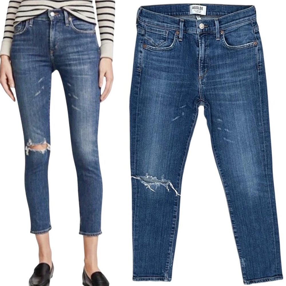 Agolde Sophie Mid-Rise Distressed Skinny Crop Jeans in Santa Fe Blue Size 27